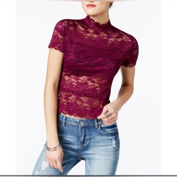 Guess Womens XS Extra Small-Small Burgandy Maroon Lace T Shirt Top - Picture 1 of 9